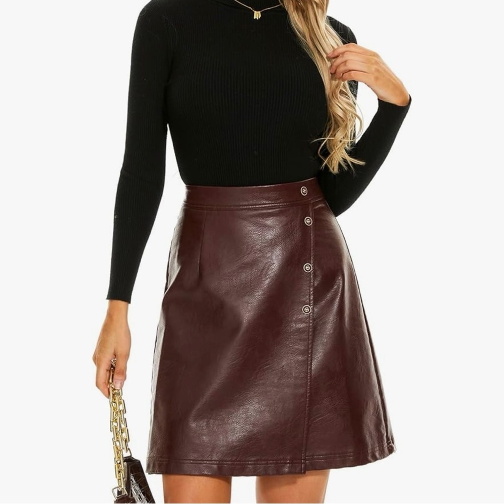 Ginasy Faux leather, a line, wrap‎ , high waisted miniskirt burgundy